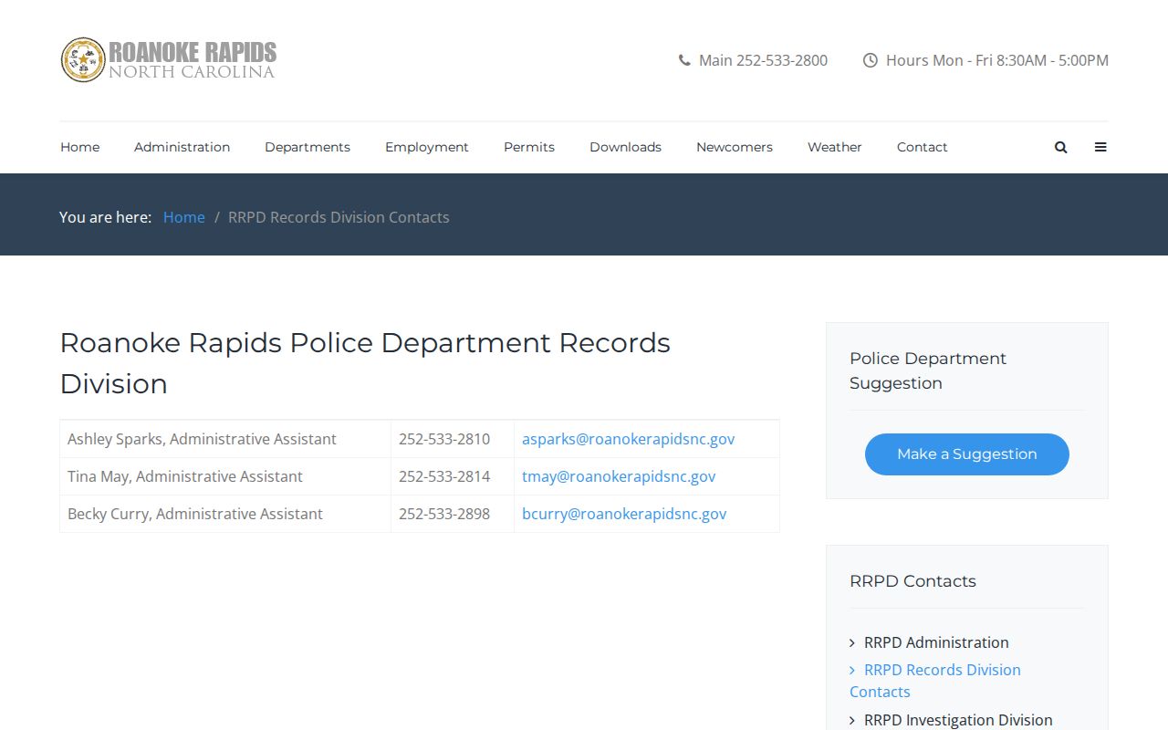 Roanoke Rapids criminal records division contact page